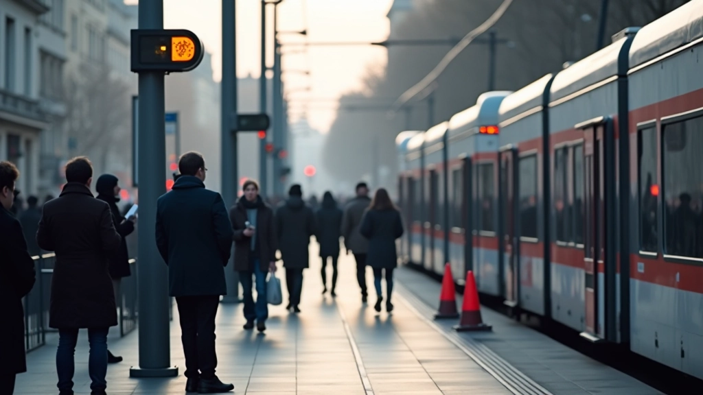 Hannoversche Straßenbahn an einer Station mit wartenden Fahrgästen