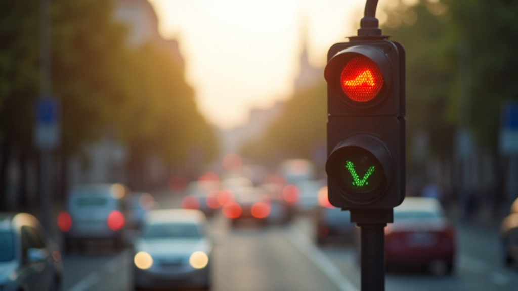 Verkehrsampel in Hannover mit Pendlern und Autos auf der Straße